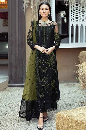 Black heavy Faux Georgette Embroidered UnStitched Kurta With Mehendi Net Embroideared Dupatta