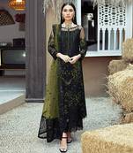 Black heavy Faux Georgette Embroidered UnStitched Kurta With Mehendi Net Embroideared Dupatta