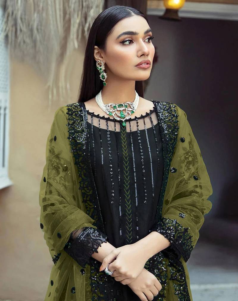 Black heavy Faux Georgette Embroidered UnStitched Kurta With Mehendi Net Embroideared Dupatta