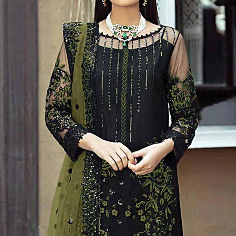 Black heavy Faux Georgette Embroidered UnStitched Kurta With Mehendi Net Embroideared Dupatta