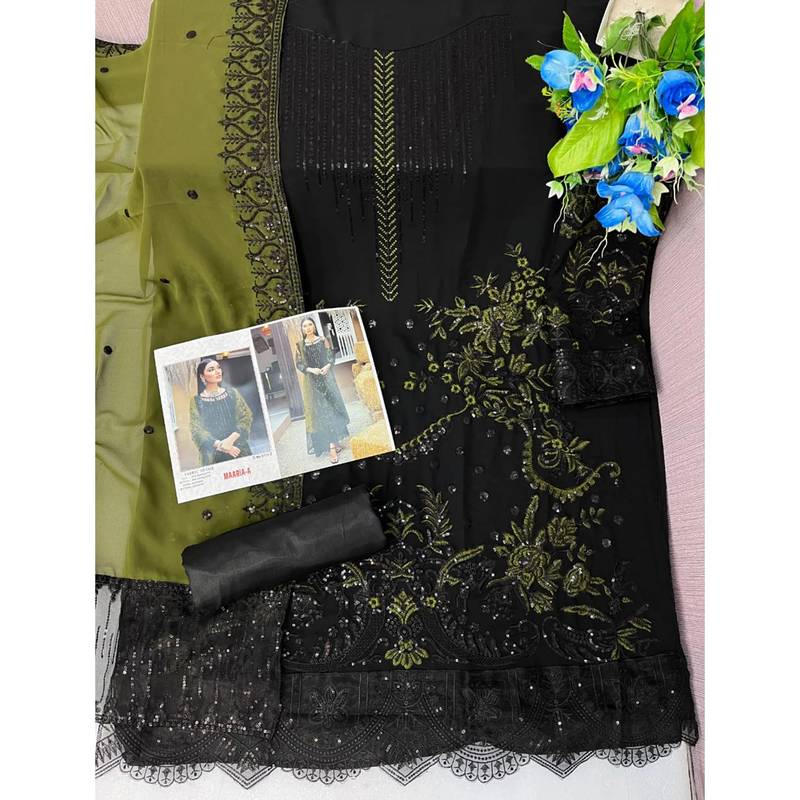 Black heavy Faux Georgette Embroidered UnStitched Kurta With Mehendi Net Embroideared Dupatta