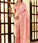 Pink woven pure silk saree with blouse