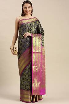 Dark Blue Woven Banarasi Saree With Blouse