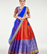 Regal Red And Blue Pleating Style Half Saree With Zari Work Lehenga And Dupatta, Accompanied By Unstitched Blouse.