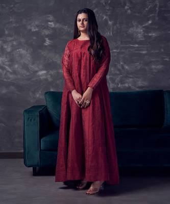 Maroon silk embroidered Gown 1