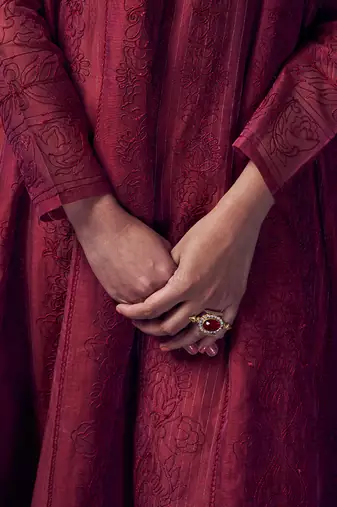 Maroon silk embroidered Gown
