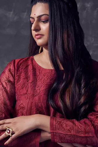 Maroon silk embroidered Gown