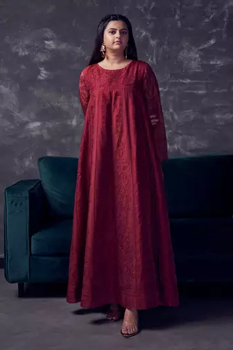 Maroon silk embroidered Gown