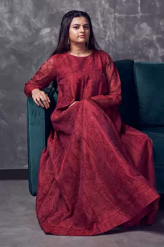 Maroon silk embroidered Gown