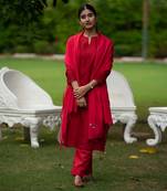 Chanderi Red Colour Small Checks Kurta set with Cutwork & Hand Embroidered Cutworked Dupatta