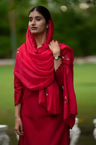 Chanderi Red Colour Small Checks Kurta set with Cutwork & Hand Embroidered Cutworked Dupatta
