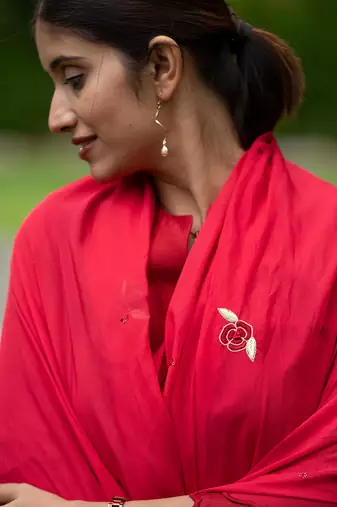 Chanderi Red Colour Small Checks Kurta set with Cutwork & Hand Embroidered Cutworked Dupatta
