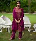 Chanderi Magenta Tissue Kurta set with Embroidery & Embroidered Cutworked Dupatta