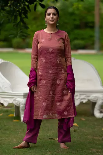 Chanderi Magenta Tissue Kurta set with Embroidery & Embroidered Cutworked Dupatta