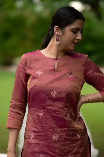 Chanderi Magenta Tissue Kurta set with Embroidery & Embroidered Cutworked Dupatta