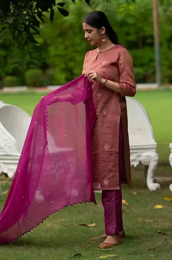 Chanderi Magenta Tissue Kurta set with Embroidery & Embroidered Cutworked Dupatta