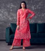 Pink coloured heavy embroidery on hand-blocked printed chanderi silk kurta set