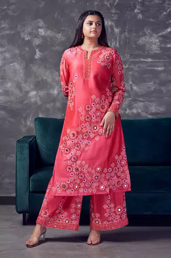 Pink coloured heavy embroidery on hand-blocked printed chanderi silk kurta set