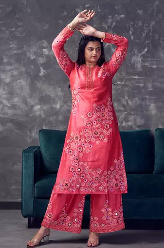 Pink coloured heavy embroidery on hand-blocked printed chanderi silk kurta set