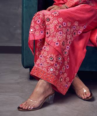 Pink coloured heavy embroidery on hand-blocked printed chanderi silk kurta set 5