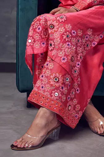 Pink coloured heavy embroidery on hand-blocked printed chanderi silk kurta set