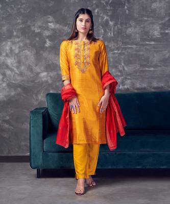 Mustard coloured khadi raw khadi silk kurta set with heavy zardoji handwork 1