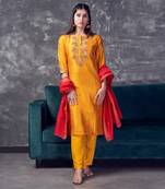 Mustard coloured khadi raw khadi silk kurta set with heavy zardoji handwork