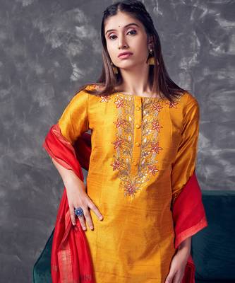 Mustard coloured khadi raw khadi silk kurta set with heavy zardoji handwork 2