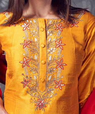 Mustard coloured khadi raw khadi silk kurta set with heavy zardoji handwork 3