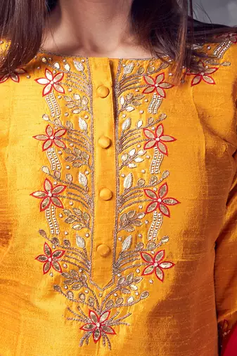 Mustard coloured khadi raw khadi silk kurta set with heavy zardoji handwork