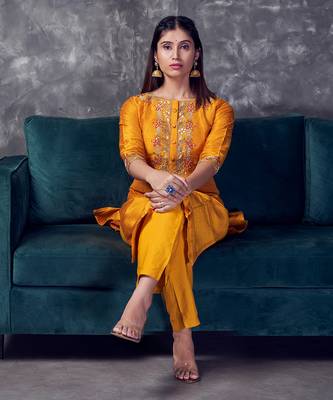 Mustard coloured khadi raw khadi silk kurta set with heavy zardoji handwork 4