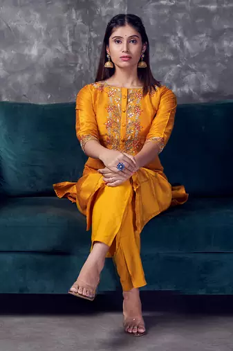 Mustard coloured khadi raw khadi silk kurta set with heavy zardoji handwork