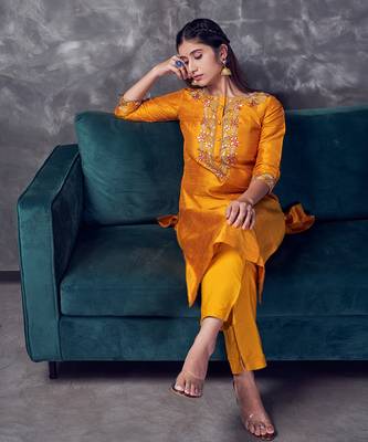 Mustard coloured khadi raw khadi silk kurta set with heavy zardoji handwork 5