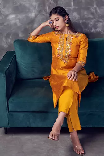 Mustard coloured khadi raw khadi silk kurta set with heavy zardoji handwork