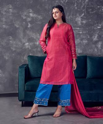 Pink coloured chanderi tissue kurta & sky blue coloured silk pant & dupatta with heavy sequense embroidery 1