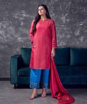 Pink coloured chanderi tissue kurta & sky blue coloured silk pant & dupatta with heavy sequense embroidery 2