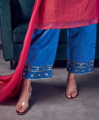 Pink coloured chanderi tissue kurta & sky blue coloured silk pant & dupatta with heavy sequense embroidery 3