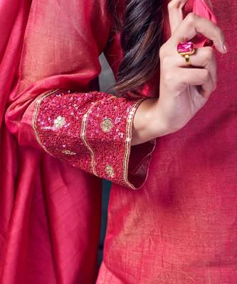 Pink coloured chanderi tissue kurta & sky blue coloured silk pant & dupatta with heavy sequense embroidery 4