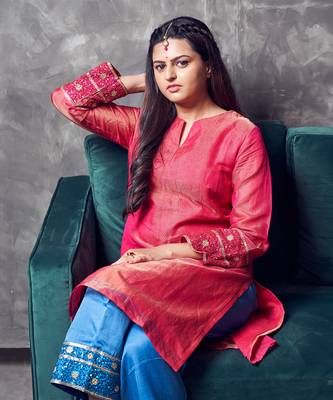 Pink coloured chanderi tissue kurta & sky blue coloured silk pant & dupatta with heavy sequense embroidery 5