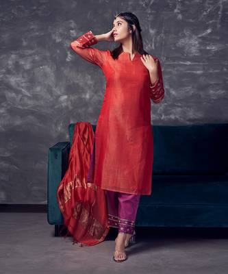 Red coloured chanderi tissue kurta & magenta coloured silk pant & dupatta with heavy sequense embroidery 1