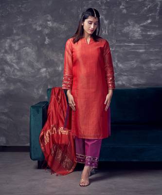 Red coloured chanderi tissue kurta & magenta coloured silk pant & dupatta with heavy sequense embroidery 2