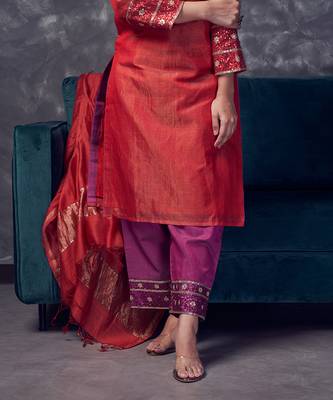 Red coloured chanderi tissue kurta & magenta coloured silk pant & dupatta with heavy sequense embroidery 3