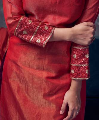 Red coloured chanderi tissue kurta & magenta coloured silk pant & dupatta with heavy sequense embroidery 4
