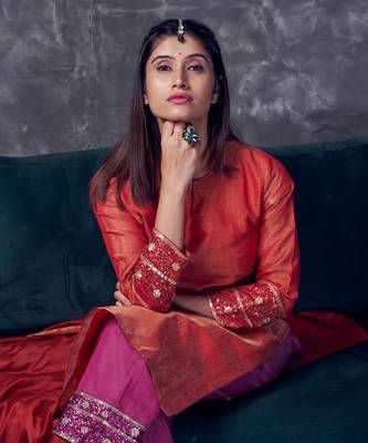 Red coloured chanderi tissue kurta & magenta coloured silk pant & dupatta with heavy sequense embroidery 6