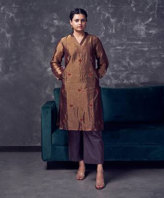 Metallic Brown coloured chanderi tissue kurta & silk pant with embroidery 1