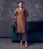 Metallic Brown coloured chanderi tissue kurta & silk pant with embroidery