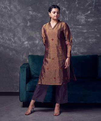 Metallic Brown coloured chanderi tissue kurta & silk pant with embroidery 2