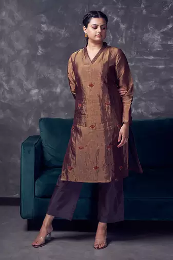 Metallic Brown coloured chanderi tissue kurta & silk pant with embroidery