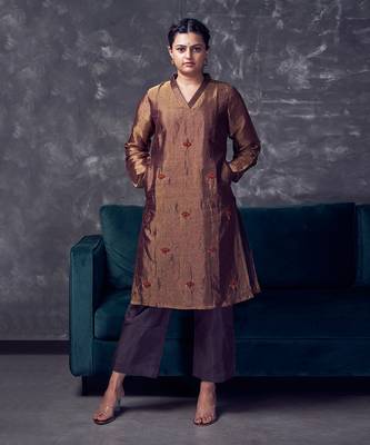 Metallic Brown coloured chanderi tissue kurta & silk pant with embroidery 3