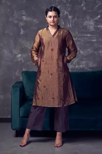 Metallic Brown coloured chanderi tissue kurta & silk pant with embroidery